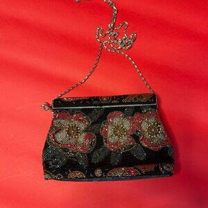 Vintage Beaded Floral Clutch – Unique 90s Glam Black Purse with Embroidery
